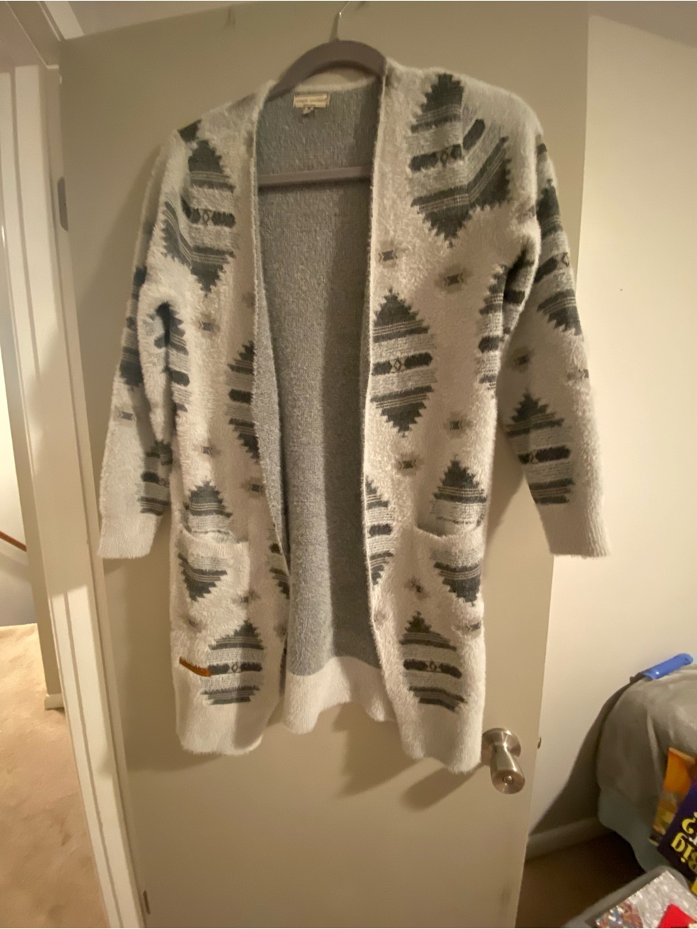 Simply Southern Light Gray Open-Front Cardigan with Dark Gray Aztec Pattern
